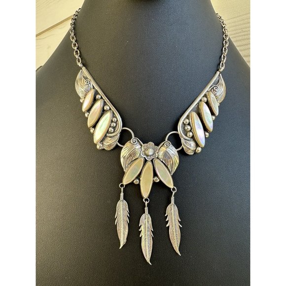 Navajo Mother of Pearl & Sterling Silver 3 Panel Statement Necklace w Feathers - Picture 1 of 14